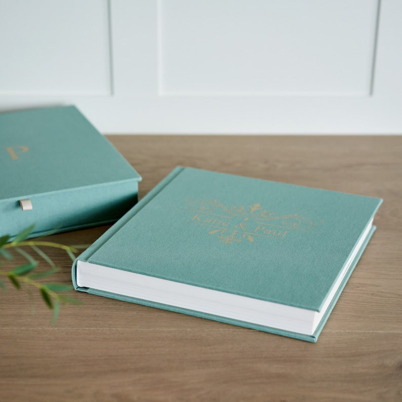 Linen Lay Flat Wedding Album with a Box, Personalized Cotton Flush Mount Photo Album with a Box