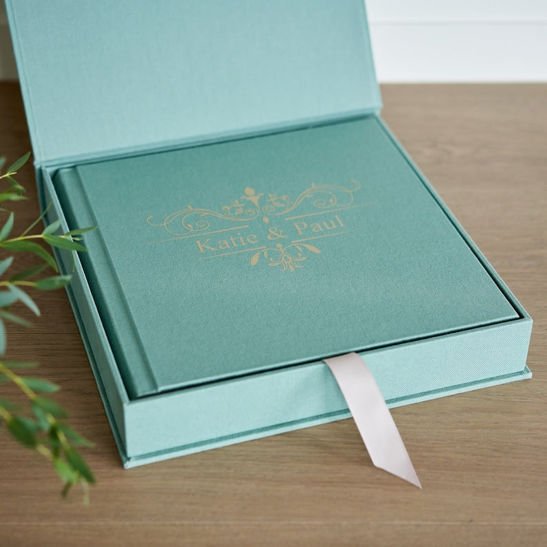 Linen Lay Flat Wedding Album with a Box, Personalized Cotton Flush Mount Photo Album with a Box
