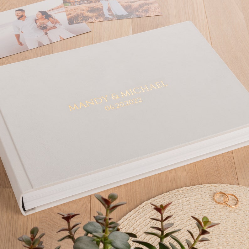 Lay Flat Wedding Photo Album Personalized with Gold Foil, Velvet Flush Mount Photo Album with Printed Photos