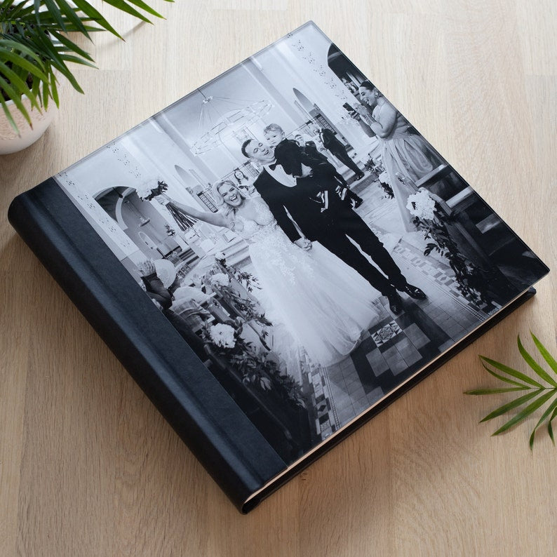 Luxury Wedding Photo Album with Glass Cover | Eco Leather Lay Flat Photo Book | Bespoke Flash Mount Album