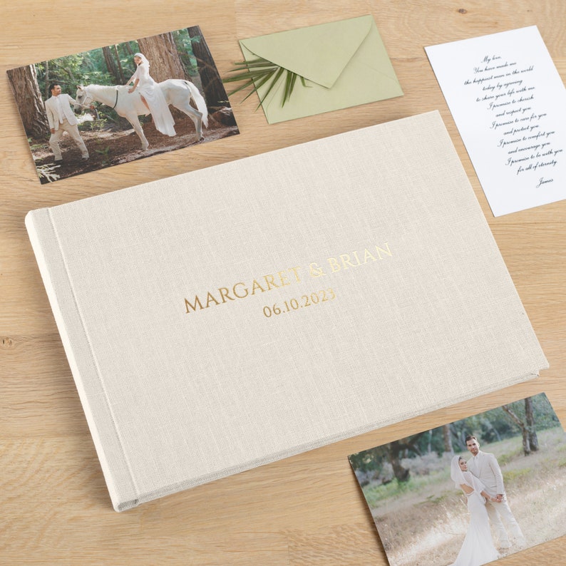 Linen Lay Flat Wedding Photo Album | Personalized Flush Mount Photo Book | Photos Printed on Thick Album Pages