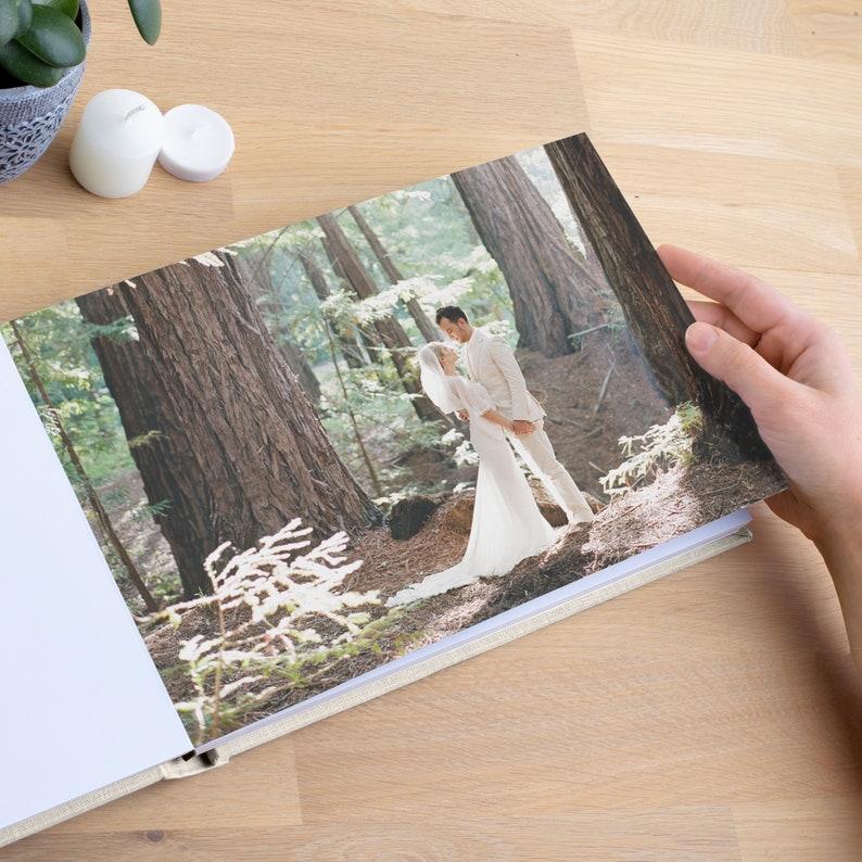 Linen Lay Flat Wedding Photo Album | Personalized Flush Mount Photo Book | Photos Printed on Thick Album Pages