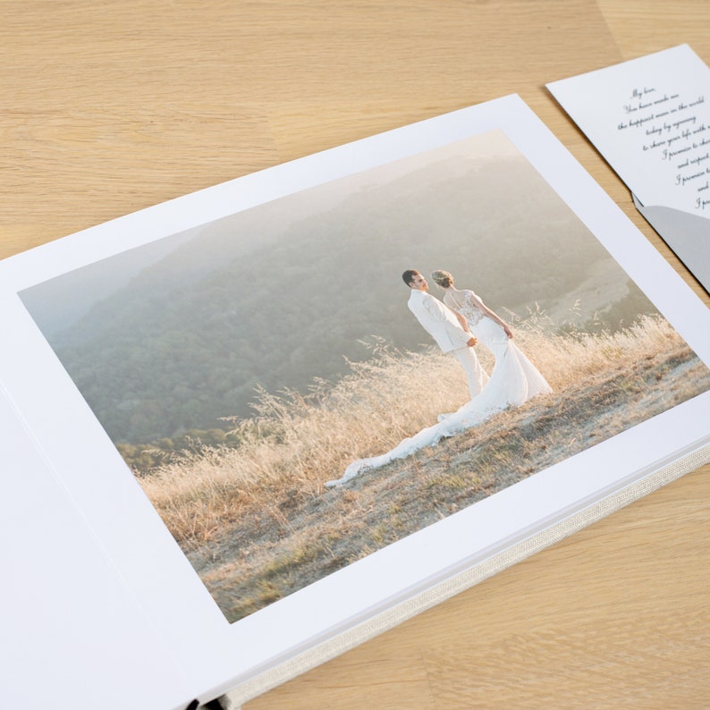 Linen Lay Flat Wedding Photo Album | Personalized Flush Mount Photo Book | Photos Printed on Thick Album Pages